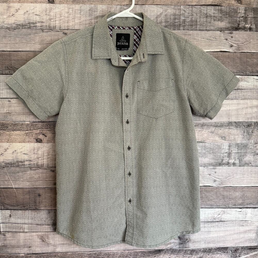 Prana Geometric Shirt Mens Small Gray Button Up Short Sleeve Casual Lightweight